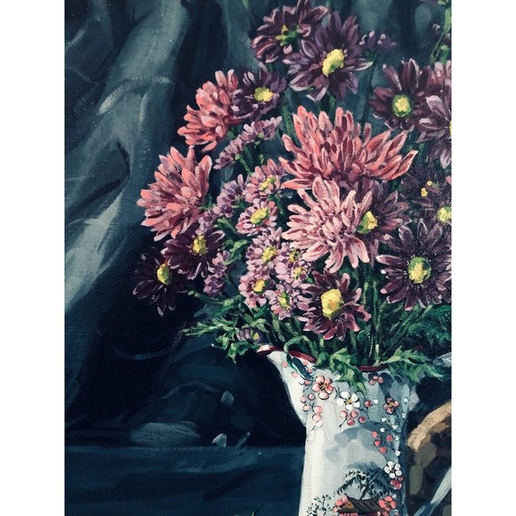 Floral Still Life Skull 20x24 Acrylic on Linen In Wood Mid century Modern Frame - Picture 2 of 7